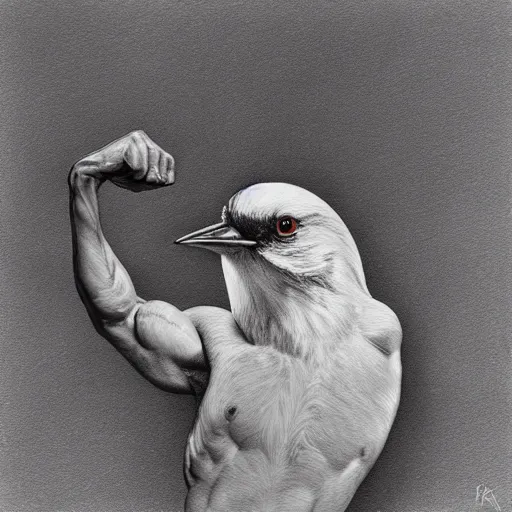 Image similar to bird with bodybuilder arms, hyper realism