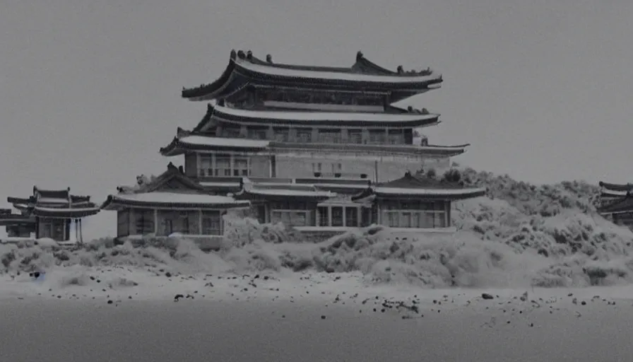 Image similar to a film still of a north korean monster movie, kaiju - eiga monster starfish - like over traditional korean palace, film noir, video compression, ripple effect