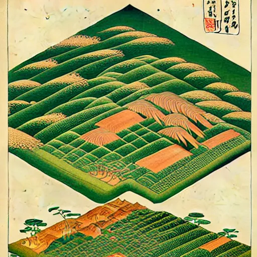 Image similar to 3d isometric botanical illustration of a human settlement in the mountain forest, diego rivera in Ukiyo-e style, HD