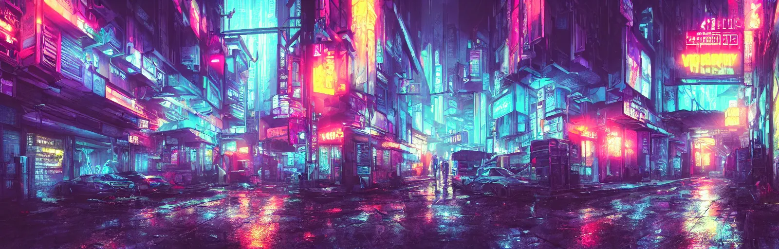 Prompt: street view of a cyberpunk alley, in the style of Blade Runner, rainy weather, neon lighting, vaporwave, retro wave, synthwave, highly detailed, digital painting, concept art, illustration, artstation, Roger Deakin's cinematography, Liam Wong, photo-realistic, cinematic lighting, 8k,