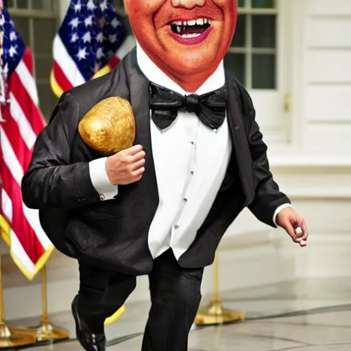 Image similar to a baked potato running for president, wearing a presidential suit and tie, at the white house