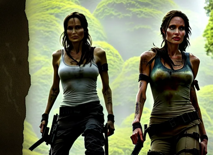 Image similar to film still of!!!! angelina jolie!!! as lara croft in new tomb raider movie, 8 k