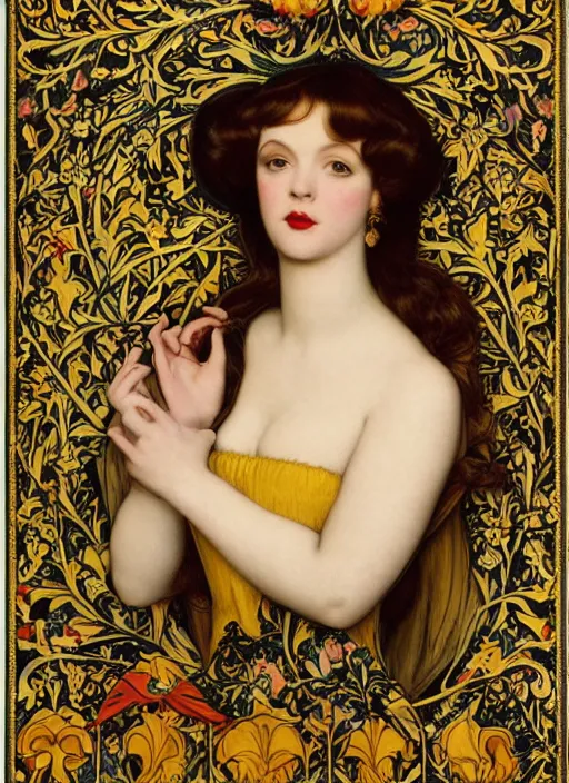 Prompt: masterpiece beautiful seductive curvey pose preraphaelite portrait photography, hybrid of judy garland and zooey deschanel, straight jagged fringe, yellow ochre ornate medieval dress, william morris and kilian eng and mucha, framed, 4 k