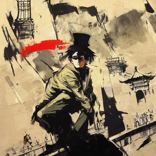 Image similar to a portrait of corto maltese dreaming about the forbidden city of valparaiso and the tango dancer he met there, oil on canvas by dave mckean and yoji shinkawa