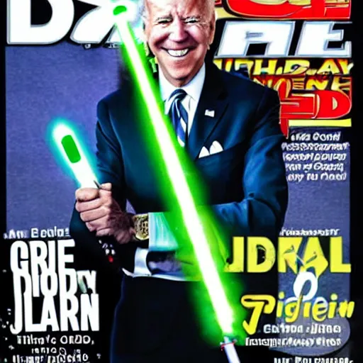 Image similar to joe biden as a jedi with green lightsaber cover of magazine. High quality.