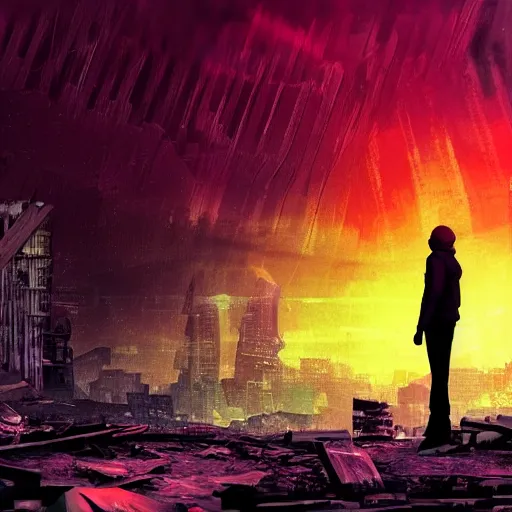 Prompt: a person watching the end of the world, red-purple gradient map effect, dystopian city, debris, dramatic painting