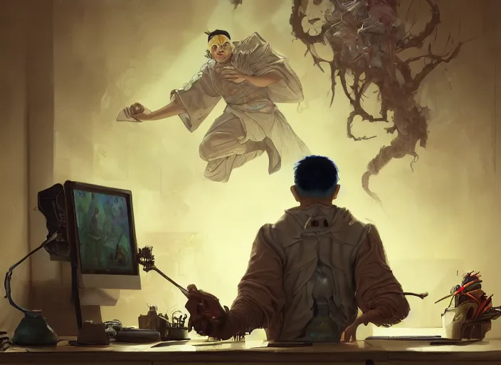 Image similar to an insanely detailed painting of an asian man wearing a homemade superhero costume, sitting at a desk, staring seriously at the computer and typing, in the style of peter mohrbacher, james jean, ruan jia, dramatic lighting and composition, surreal background, octane render, pixar, trending on artstation, concept art, comic book, view from behind, 8 k