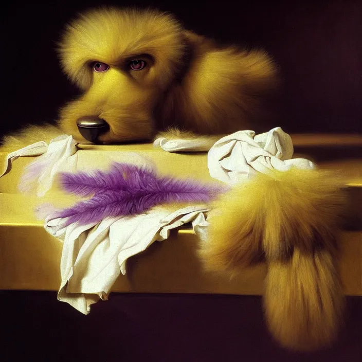 Image similar to still life painting of a beautiful cute purple hairy monster by pieter claesz, oil on canvas, strong lighting, highly detailed, hyper realism, golden hour, god rays, hd, 4 k