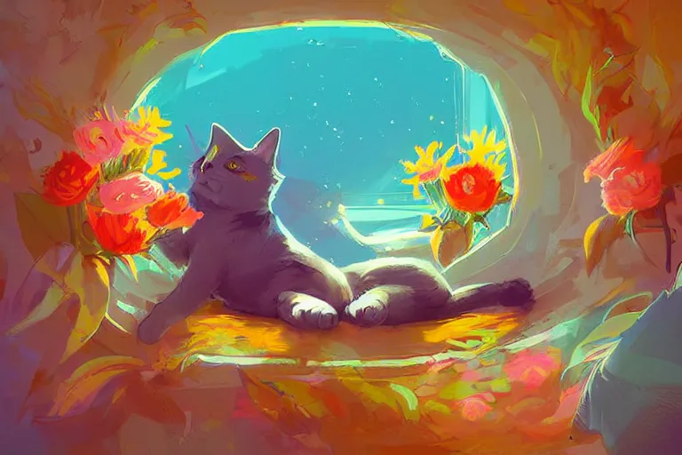 Image similar to a digital art of a cat sleeping in the room with flowers around in the afternoon, the sun shines in, animal, light effect, highly detailed, by anton fadeev