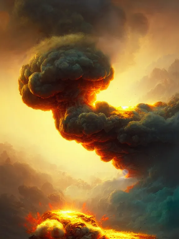 Image similar to photo of 8k ultra realistic nuclear explosion, mushroom cloud, full of colour, cinematic lighting, battered, trending on artstation, 4k, hyperrealistic, focused, extreme details,unreal engine 5, cinematic, masterpiece, art by Peter Mohrbacher