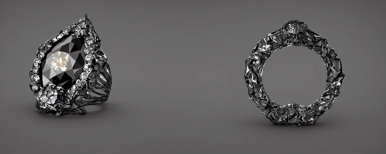 Image similar to black magic crystal ring, fire, flame, crystal, engravings, diamonds, product design, art by gerald brom, greg rutkowski and artgerm, photo realism, unreal engine, c 4 d