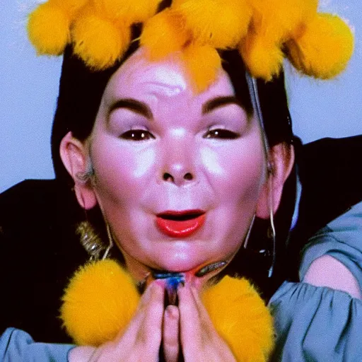 Prompt: VHS footage of Björk huffing poppers