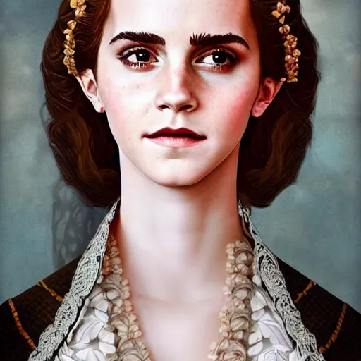 Image similar to a beautiful portrait of emma watson as a 1 6 th century noblewoman, fantasy, intricate, elegant, highly detailed, digital painting, artstation, concept art, matte, sharp focus, illustration, luminist and baroque style