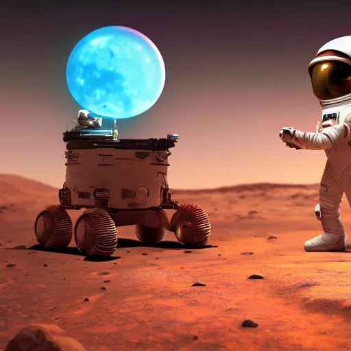 Prompt: tiny astronaut playing video game on mars, time machine, ice, bioluminescence, vegetation, colorful, rim light, highly detailed, tilt shift, digital painting, concept art, smooth, sharp focus, pleasing aesthetics, 3 d render, octane render, disney pixar, 4 k