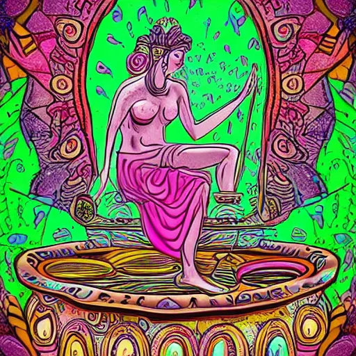 Image similar to goddess hera in a trippy room doodling rock symbols on the wall while aphrodite is making soup with rose petals inside a cauldron, digital art