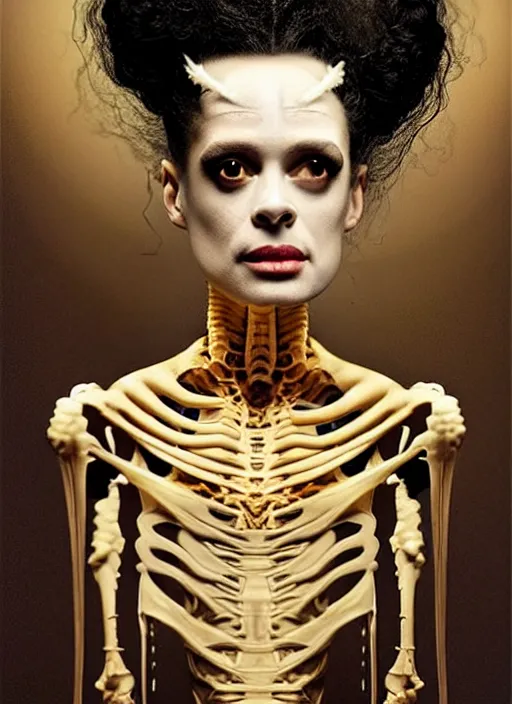 Prompt: bride of frankenstein number 3 3 9 5 as she comes to life after operation, normal healthy face, transparent skin, skeleton still life, nervous system, medical bandages, greg rutkowski, peter gric, immerse, 1 9 th, special effects makeup, maximalist, glittering, gold, ivory, hyperreal, golden ratio, alphonse mucha