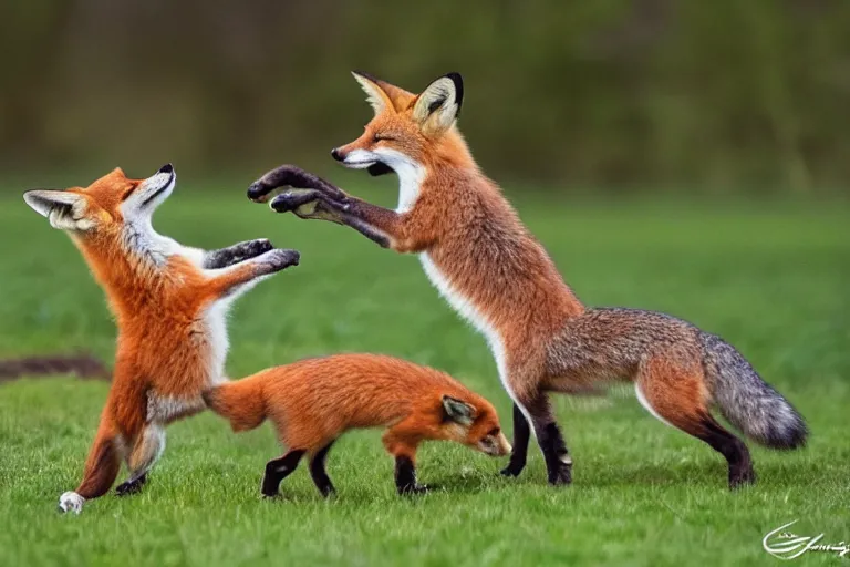 Image similar to Foxes playing in a meadow, rambunctious fox kits, professional animal photography, highly detailed, 8k