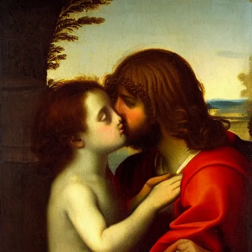 Image similar to 1 8 th oil panting of a jesus kissing with maria maddalena