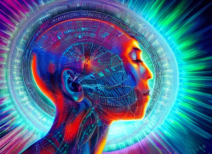 Image similar to ai transcendence into collaborative intelligence, connectedness, body, by alex grey, album cover, award winning, beautiful, colorful, volumetric lighting, trending on artstation