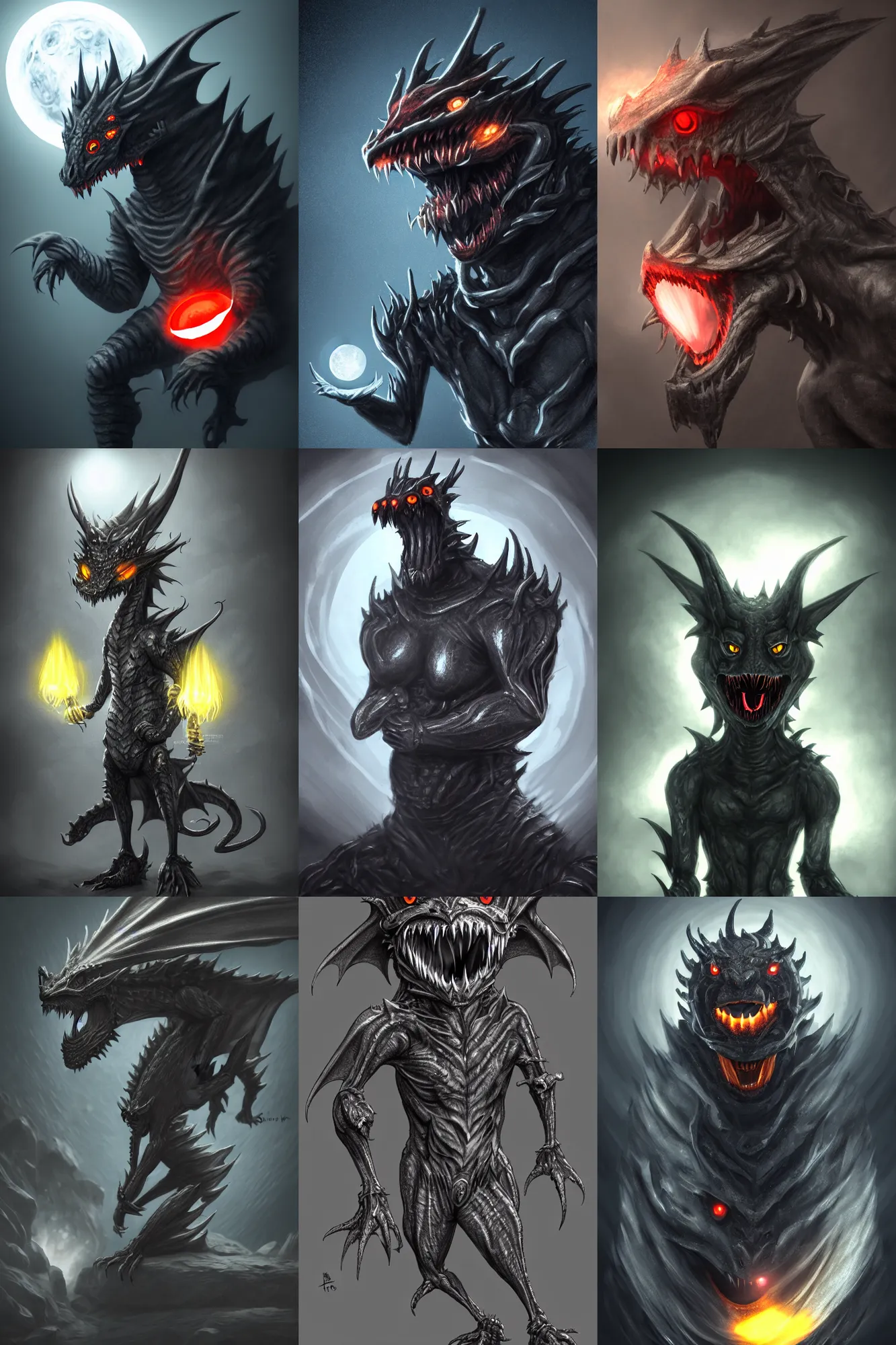 Prompt: snarling anthropomorphic dragon with glowing eyes and mouth standing in a crater, glowing eyes, glowing mouth, charcoal and silver color scheme, humanoid, rubber suit, full body single character, moonlit night, good value control, high contrast, biomechanical elements, sci-fi, concept art