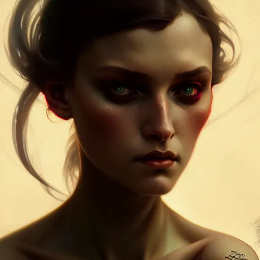 Image similar to Portrait of evil girl, face, dark fantasy, intricate, elegant, highly detailed, digital painting, artstation, concept art, smooth, sharp focus, illustration, art by zeronis and greg rutkowski and alphonse mucha