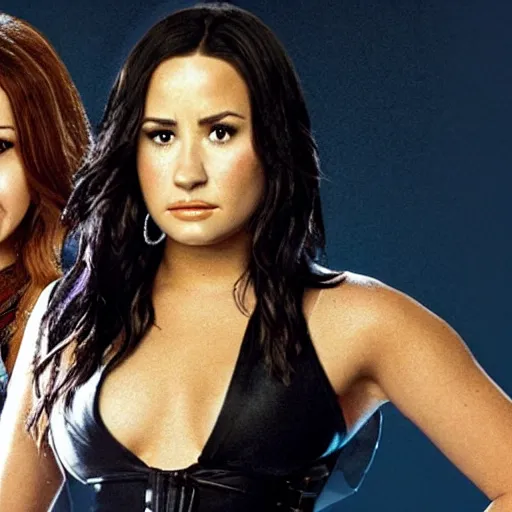 Image similar to close-up of Demi Lovato as Piper Halliwell and Selena Gomez as Phoebe Halliwell and Ariana Grande as Prue Halliwell in a Charmed movie directed by Christopher Nolan, movie still frame, promotional image, imax 35 mm footage