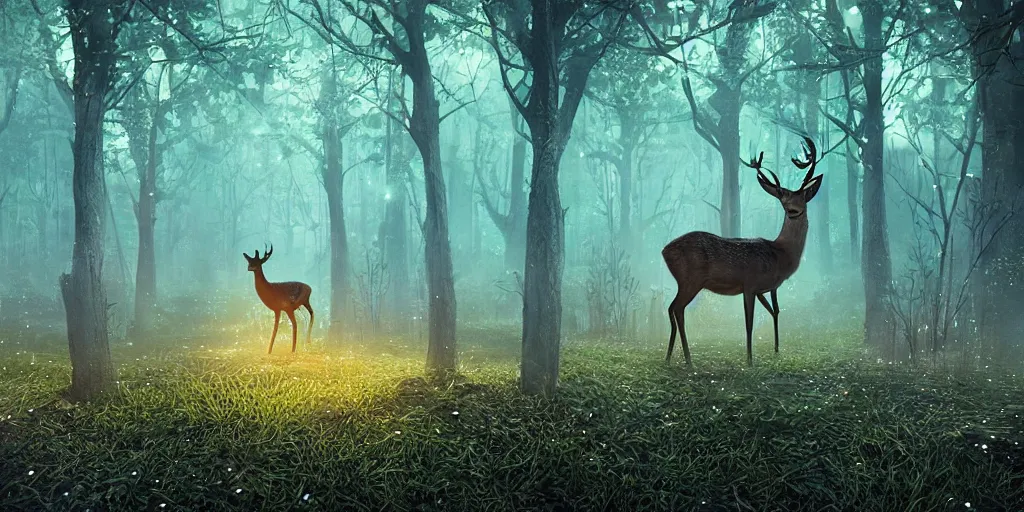 Image similar to a single deer in an ethereal electronic forest made from glowing circuits and electronics, highly detailed concept art, cinematic framing, 3 d, dark, moody, led