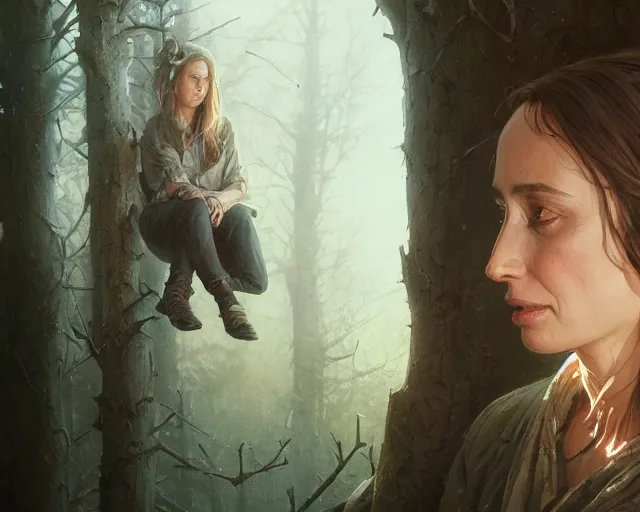 Image similar to highly detailed portrait of emmanuelle beart, in the walking dead, stephen bliss, unreal engine, fantasy art by greg rutkowski, loish, rhads, ferdinand knab, makoto shinkai and lois van baarle, ilya kuvshinov, rossdraws, tom bagshaw, global illumination, radiant light, detailed and intricate environment