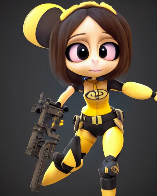 Image similar to female bumblebee mini cute style, highly detailed, rendered, ray - tracing, cgi animated, 3 d demo reel avatar, style of maple story and zootopia, maple story gun bumblebee girl, bee chibi, soft shade, soft lighting