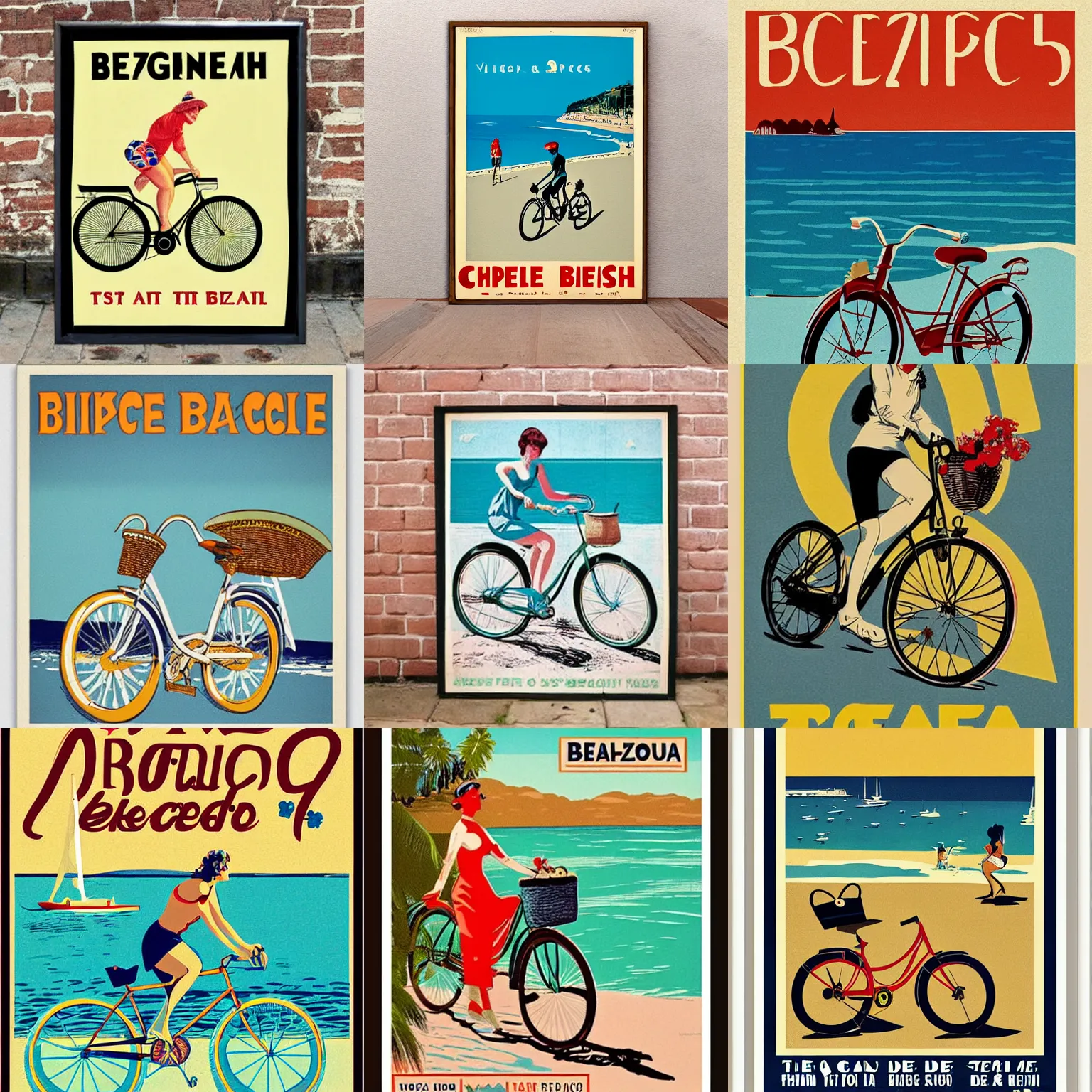 Prompt: vintage bicycle poster bike to the beach, screen print, st tropez