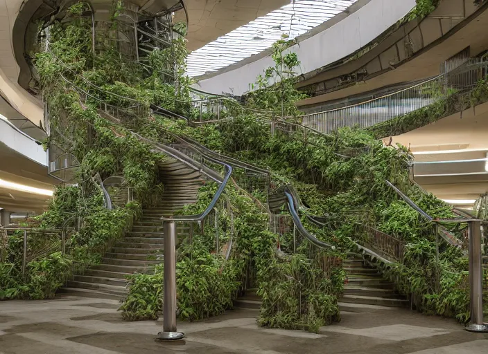 Prompt: an escalator in an abandoned mall in the 1 9 8 0 s, taken over by nature, covered in vines, nature style, hyperrealistic and beautiful painting, 8 k resolution, by hugh ferris and john smith, polished, fine detail, intricate, smooth, octane, concept art, trending on artstation