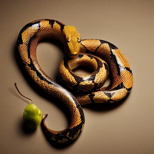 Image similar to award winning studio photography of a snake with weird fruit, studio lighting, solid background