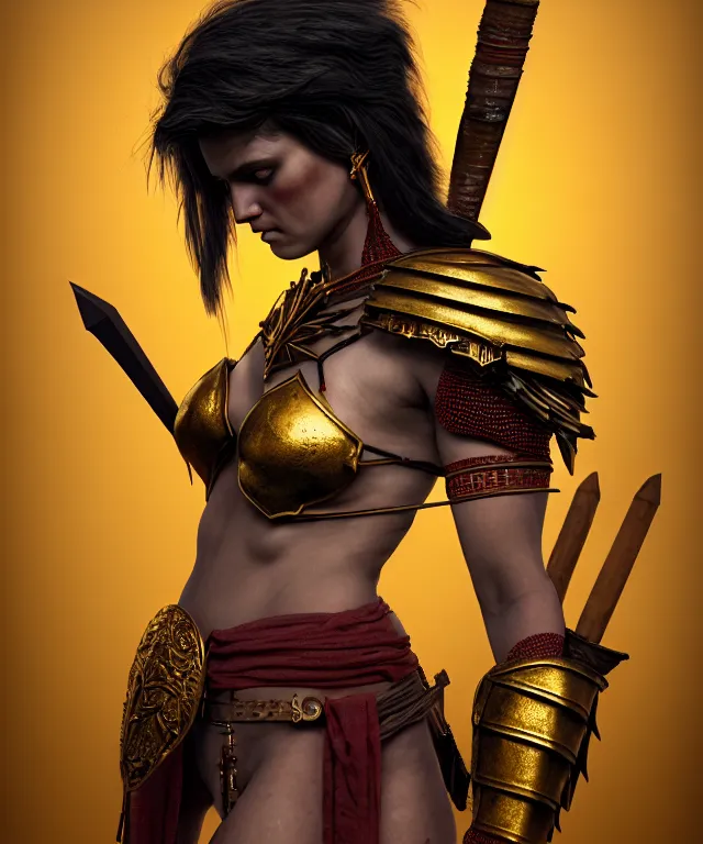 Prompt: hyperrealistic mixed media painting of a beautiful young female barbarian, stunning 3d render inspired art by P. Craig Russell and Barry Windsor-Smith + perfect facial symmetry + dim volumetric lighting, dark black hair, pale skin, ornate crimson armor with gold trim, dizzy, full body, confident heroic pose, arms crossed, d&d, 8k octane beautifully detailed render, post-processing, extremely hyperdetailed, intricate, epic composition, grim yet sparkling atmosphere, cinematic lighting + masterpiece, trending on artstation, very very detailed, masterpiece, stunning