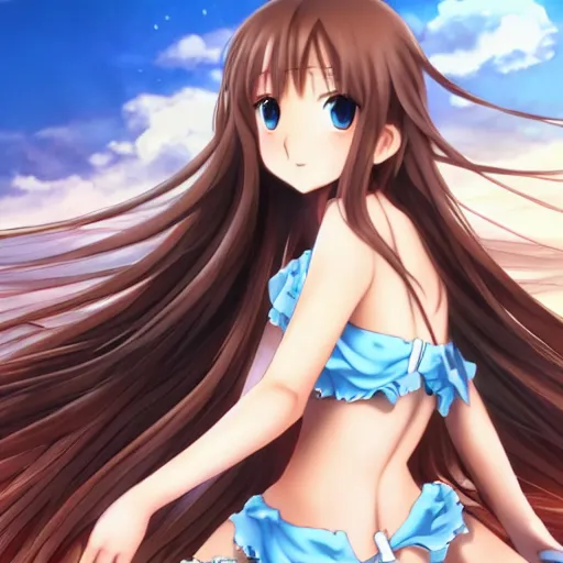 Prompt: a very beautiful young yuuki asuna,, full body, long wavy hair, sky blue eyes, full round face, bikini, miniskirt,, cinematic wallpaper by kentaro miura