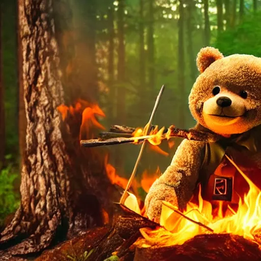 Prompt: candid photo of Teddy Ruxpin in the woods, playing with fire as Smokey The Bear burns one by Annie Leibowitz, photorealisitc, extremely detailed