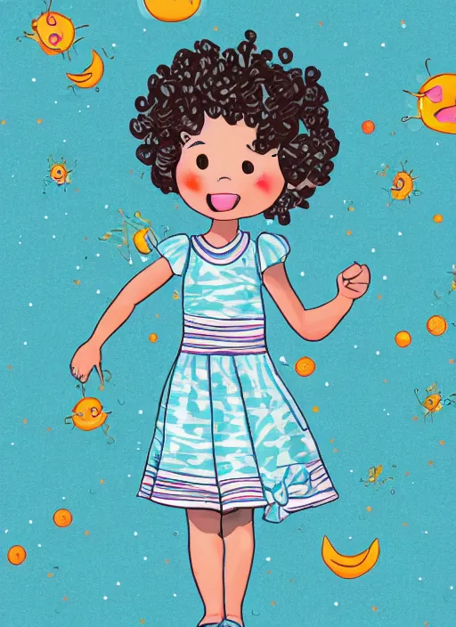 Image similar to line art of a cute little girl with short curly brown hair with a happy expression wearing a summer dress dancing with fireflies