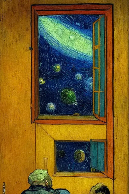 Image similar to a person looking from a window of a space station , colorful, beautiful, national geographic, very detailed, astrophotography, oil painting, canvas, Vincent van Gogh, Caspar David Friedrich, Theodor Kittelsen, Albert Bierstadt