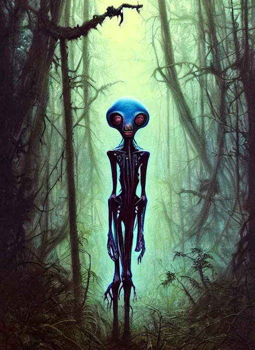 Prompt: hyper realistic spooky alien in the woods in a river gorgeous lighting, lush forest foliage blue sky a hyper realistic painting by chiara bautista and beksinski and norman rockwell and greg rutkowski, tom bagshaw weta studio, and lucasfilm