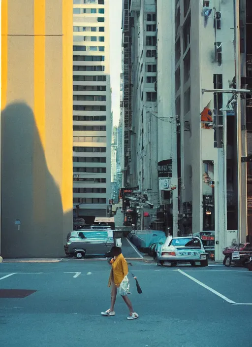 Prompt: minimalist street photography by wes anderson and by ansel adams, singapore cbd, portra 4 0 0, intense shadows, warm hue, golden hour