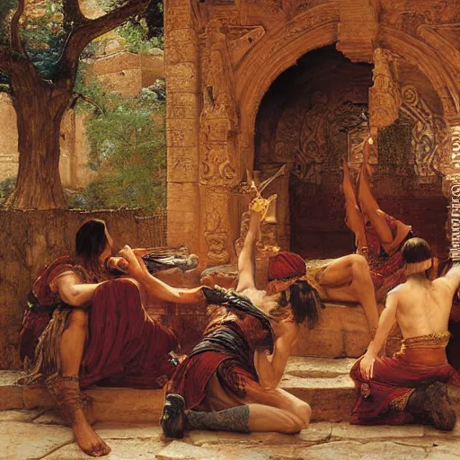 Image similar to orientalist painting of a group of adventurers in a sandstone ruin dungeons and dragons intricate artwork by john william waterhouse and Edwin Longsden Long and Theodore Ralli and Henryk Siemiradzki. high detail 8k