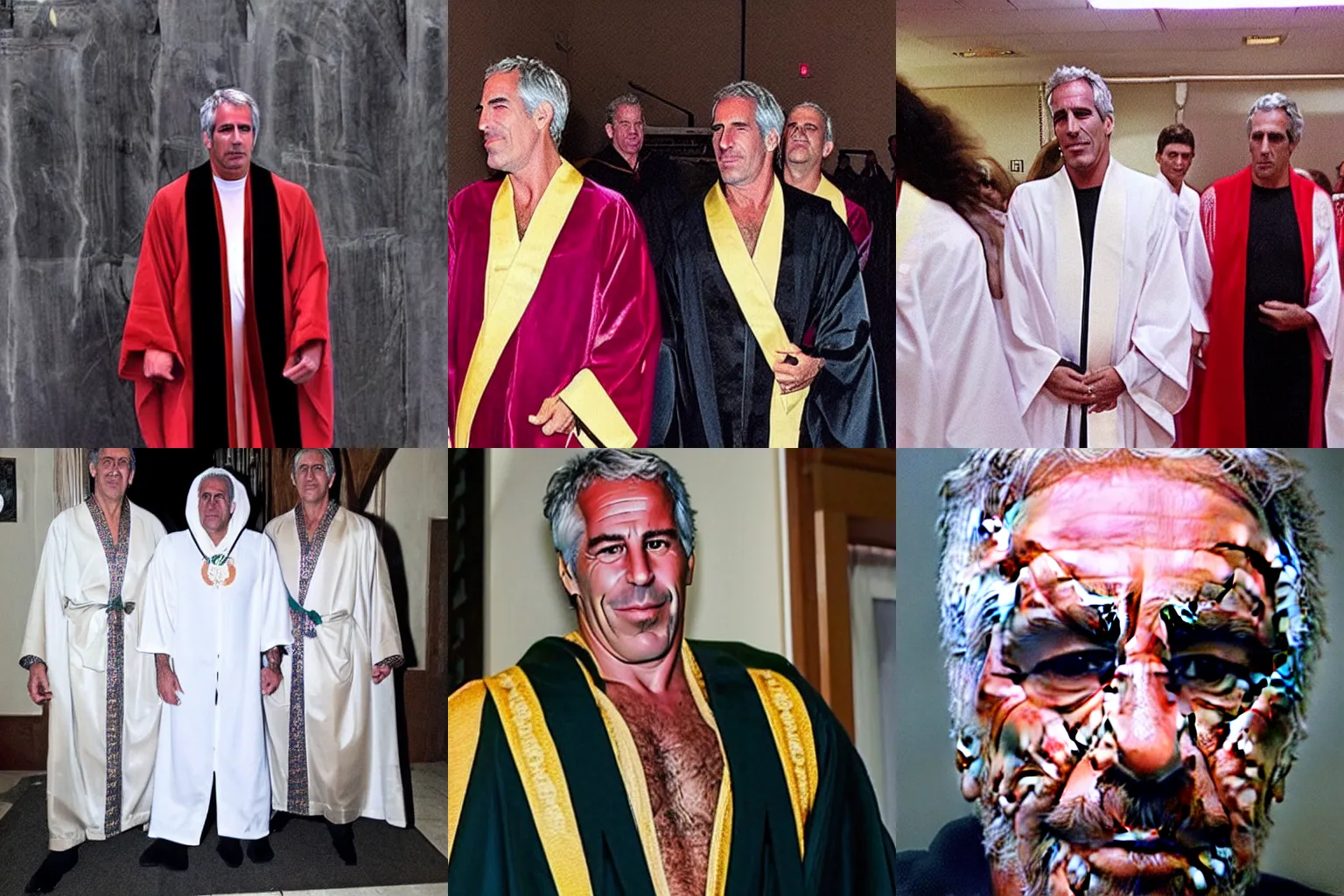 Prompt: Jeffrey Epstein wearing ceremonial robes, creepy, dark