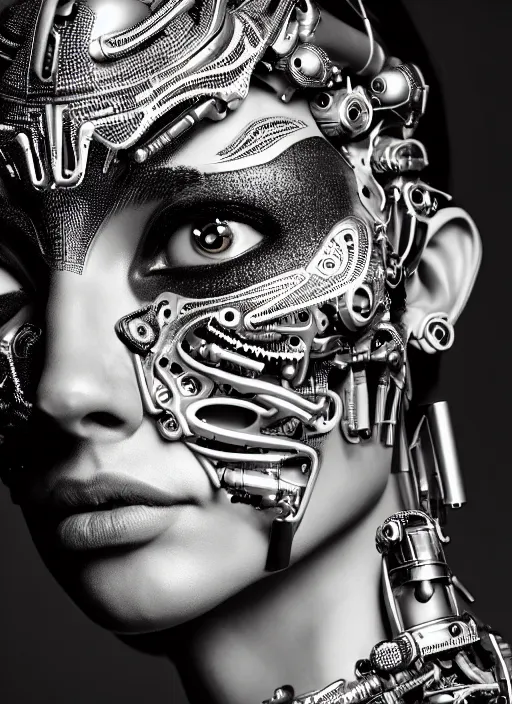 Image similar to a stunning young female cyborg profile face, face is made intricate tribal bio - mechanical, editorial photography, bw, shot on 7 0 mm, depth of field, f / 2. 8, high contrast, 1 6 k, rays of shimmering light, volumetric lighting, shiny, insanely detailed and intricate, hypermaximalist, elegant, ornate, hyper realistic, super detailed