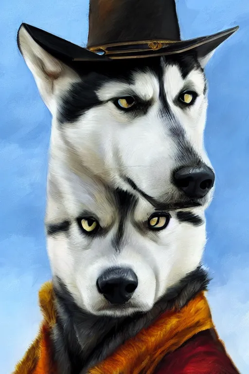 Prompt: a portrait painting of a husky in cowboy costume, a fistful of dollars, character design, anime, furry, humanoid, personify, anthropomorphic