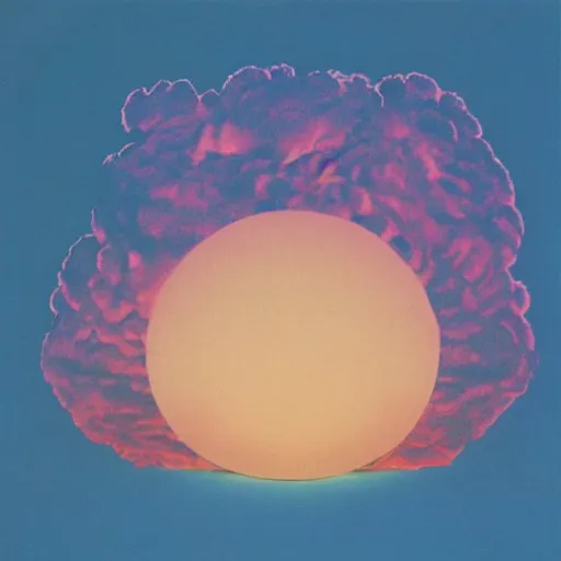 Image similar to 8 0 s new age album cover depicting a fluffy pink cloud in the shape of a hamburger, very peaceful mood