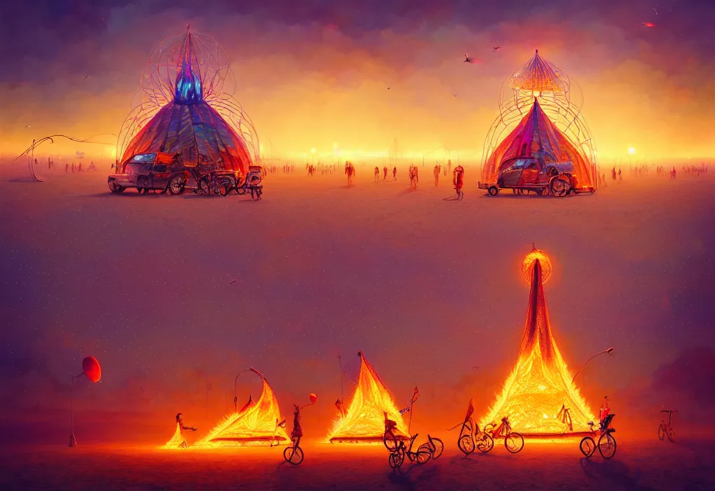 Prompt: A beautiful illustration of burning man festival, trending on artstation, WLOP, cgsociety by Gediminas Pranckevicius, trending on cgsociety, bokeh, fractal Thunder glow by dan mumford