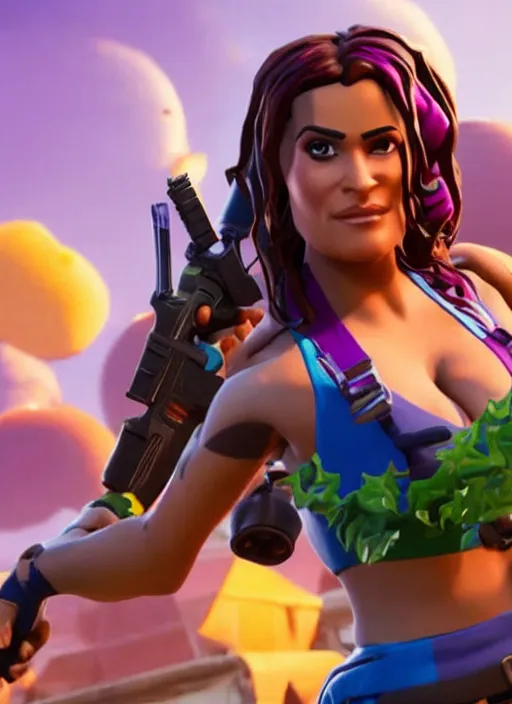 Image similar to game still of Salma Hayek as a Fortnite skin in Fortnite.