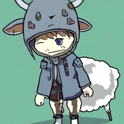 Image similar to little boy wearing sheep suit. white, gray, blue, green and brown pallet color. made in abyss art style, inspired in chris from deltarrune, cute detailed artwork