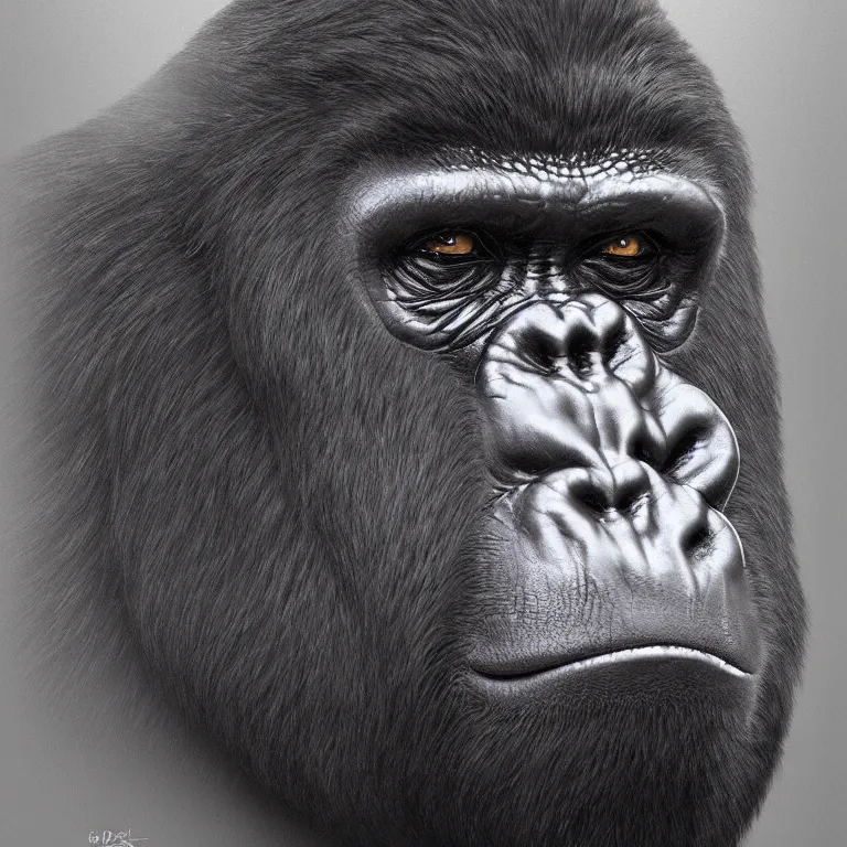 Prompt: a highly detailed character portrait of a serious gorilla wearing a black suit, intricate, wild, digital painting, artstation, concept art, smooth, sharp focus, illustration, art by artgerm and greg rutkowski and alphonse mucha