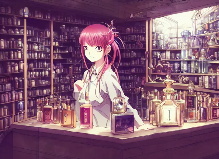 Prompt: lomography, anime, portrait of a young woman in a alchemist's potion shop interior shopping, glowing, haruhiko mikimoto, hisashi eguchi, lodoss, dynamic pose and perspective, dramatic lighting, detailed facial features, rounded eyes, sharpened image, yoshinari yoh