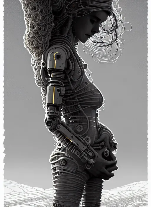 Image similar to highly detailed portrait of a robotic cyborg long curly white hair nomadic tribal lady, stray wiring by atey ghailan, james gilleard, by joe fenton, by greg rutkowski, by greg tocchini, by kaethe butcher, 4 k resolution, gradient yellow, black and white color scheme!!! ( ( robotic sandstorm robotic pyramid landscape background ) )